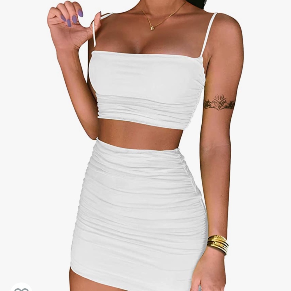 BEAGIMEG Women's Ruched Cami Crop Top Bodycon Skirt 2 Piece Outfits Dress